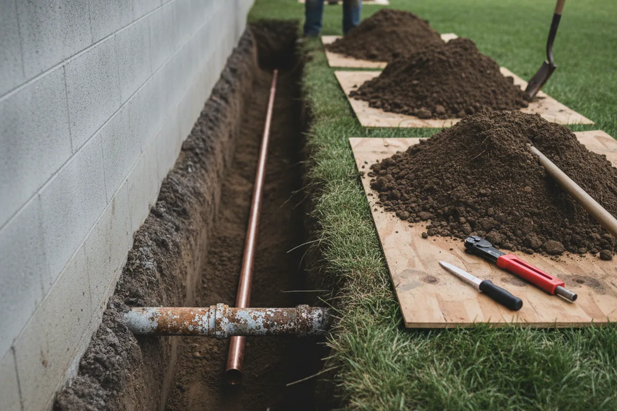 Excavated water line trench during Water Softener Installation in Quitman